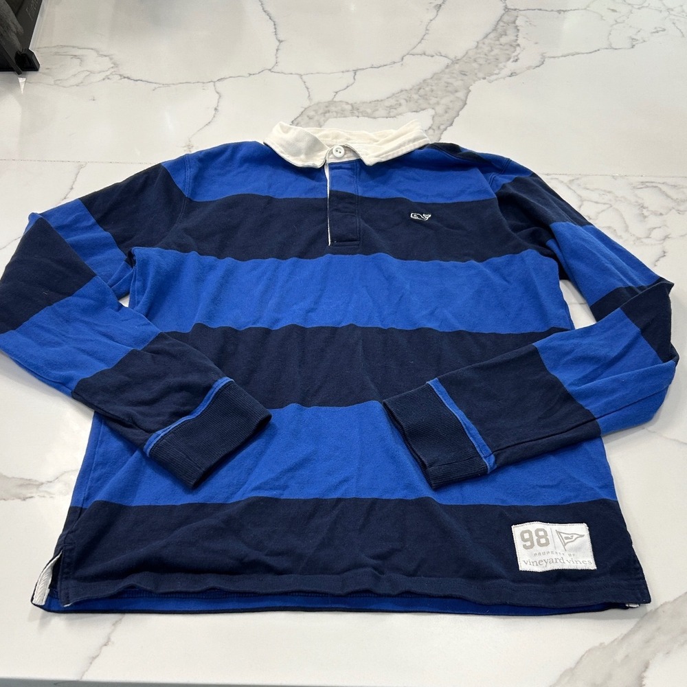 Vineyard Vines‎ Kids Rugby Shirt XL (18) Blue Striped Long Sleeve Polo Top